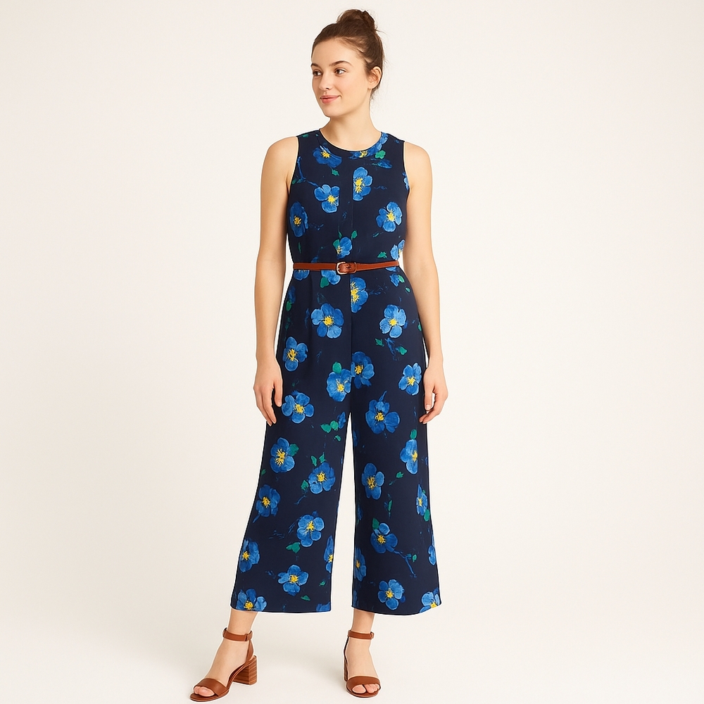Floral Wide-Leg Sleeveless Cropped Jumpsuit Navy/Yellow, Women's Size 6